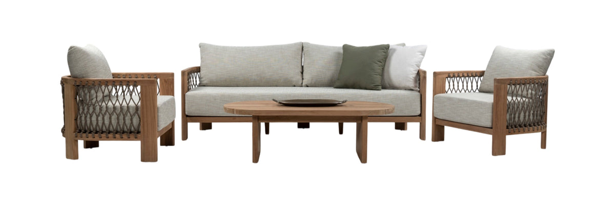 Bologna Teak Collection outdoor lounge setting featuring a three-seater sofa, two rope-woven lounge chairs and an oval teak coffee table with light grey cushions.