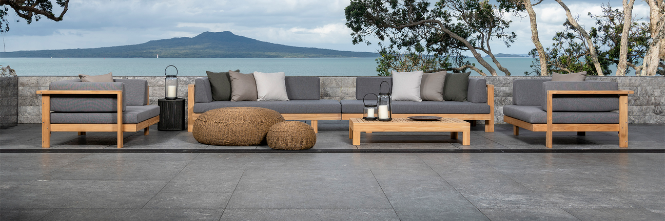 cabo teak modular furniture collection together on outdoor deck