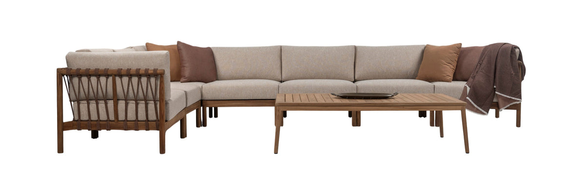 Giovanni Teak and Rope Modular Collection in Raffia Ginger Root, featuring an L-shaped outdoor sofa with woven rope detailing, neutral cushions and a rectangular teak coffee table.