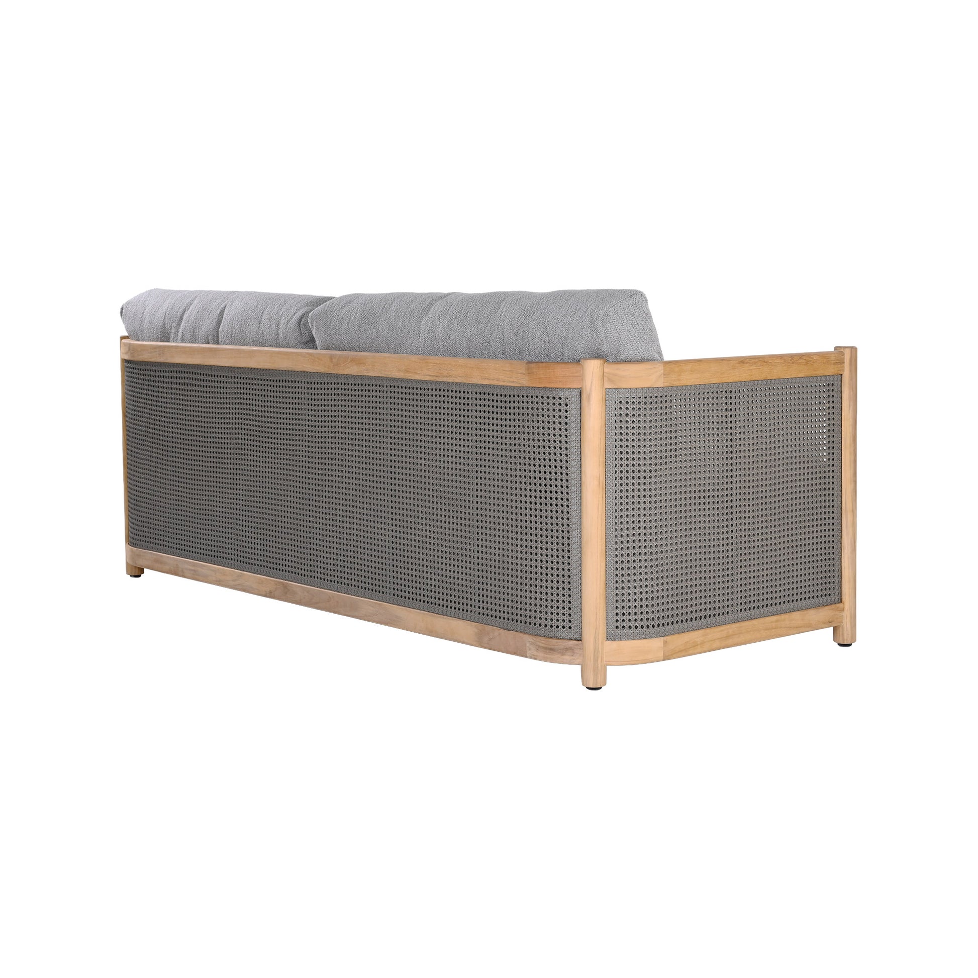 Florida outdoor teak and cane weave sofa with plush seat and back cushions. Rear angle view.