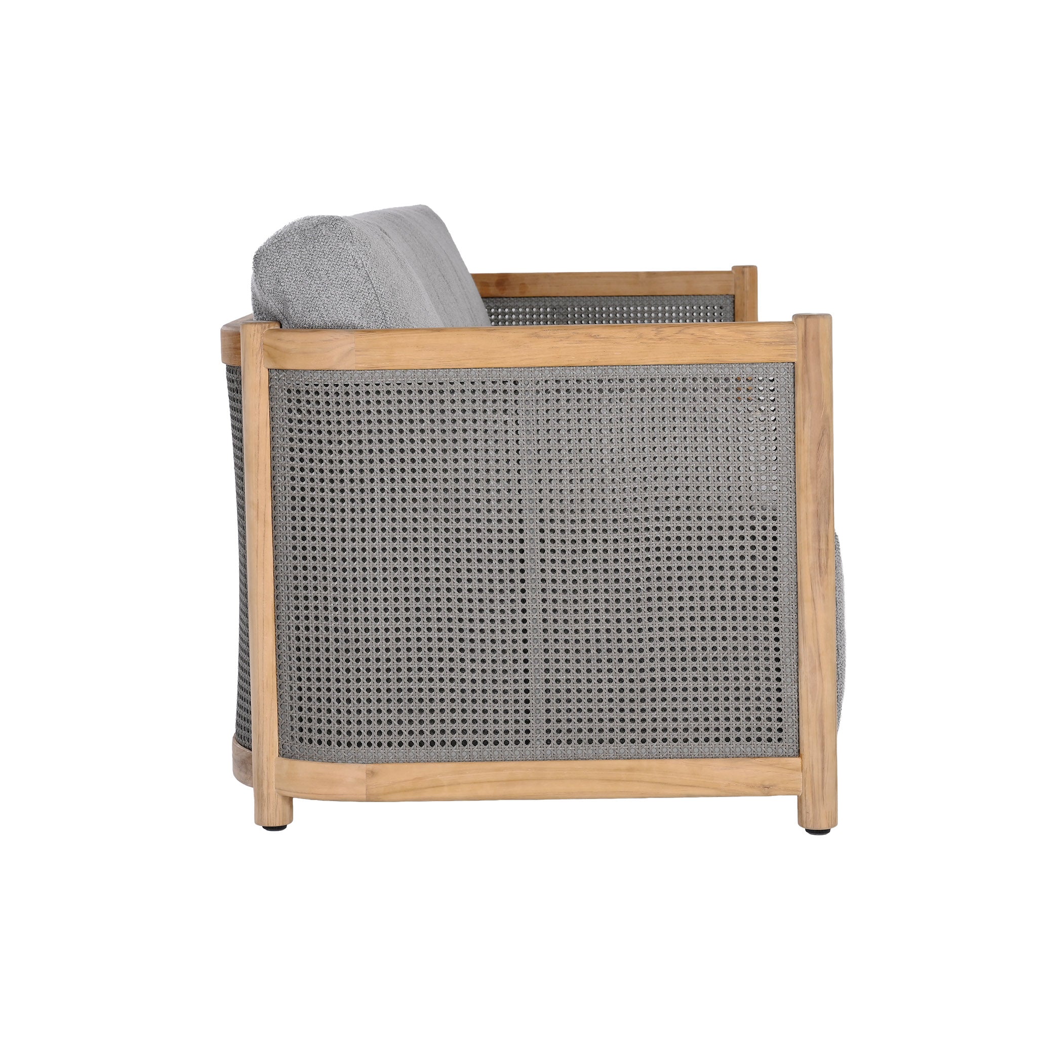 Florida outdoor teak and cane weave sofa with plush seat and back cushions. Side view.