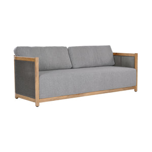 Florida outdoor teak and cane weave sofa with plush seat and back cushions. Front angle view.