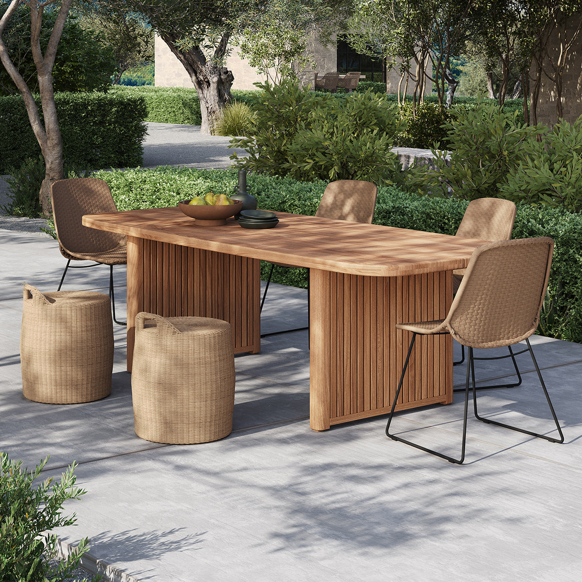 Mia dining side chairs and Apollo dining stools shown as an outdoor dining set.