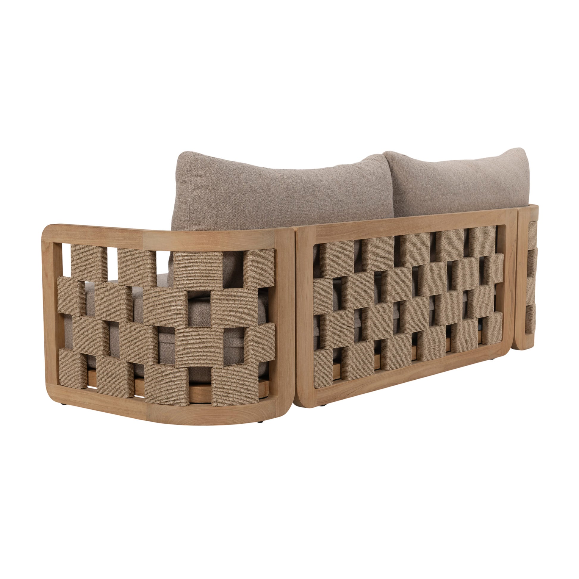 Side profile showing rope interwoven through block-style teak arms