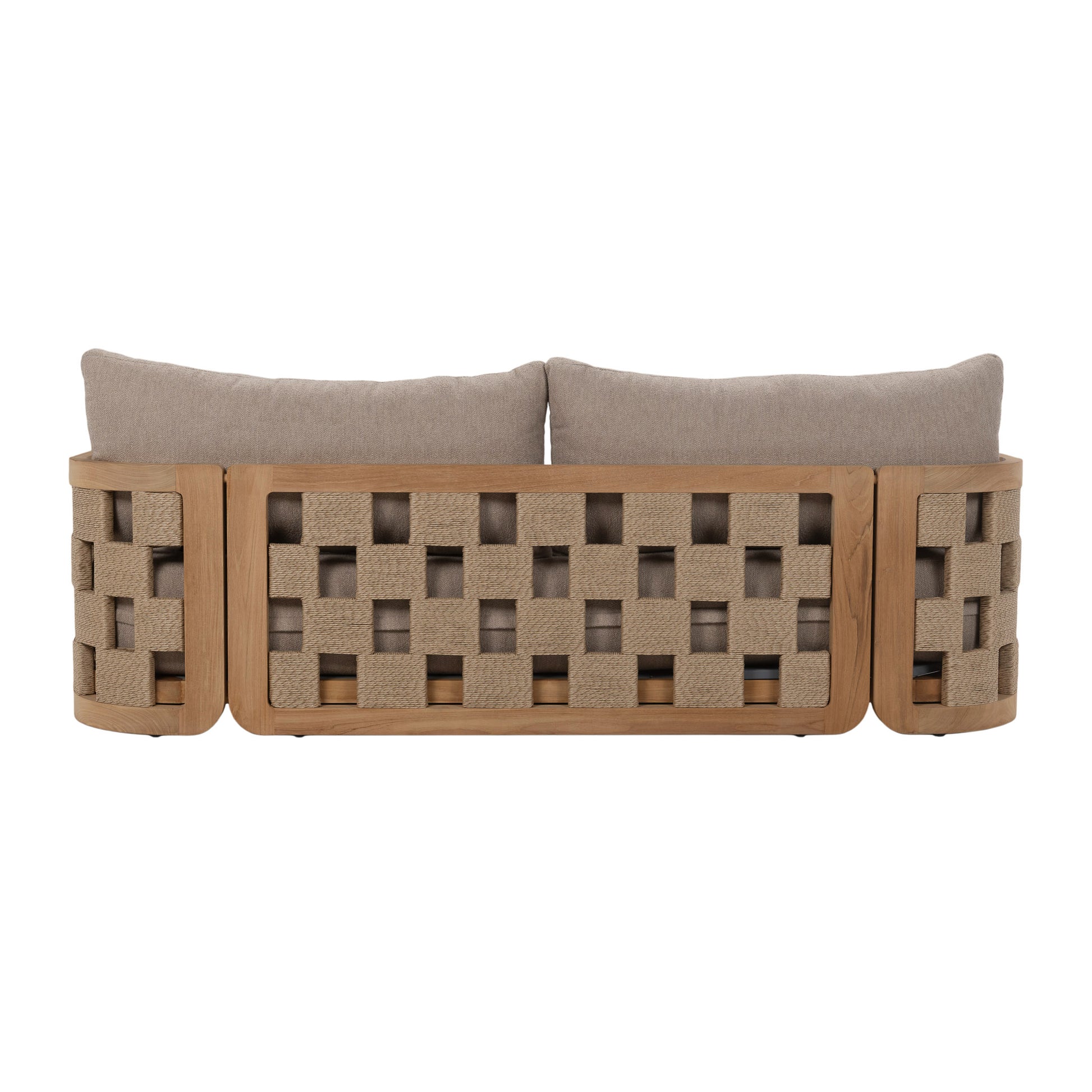 Rear view of Adriana Sofa featuring geometric rope and teak grid detail
