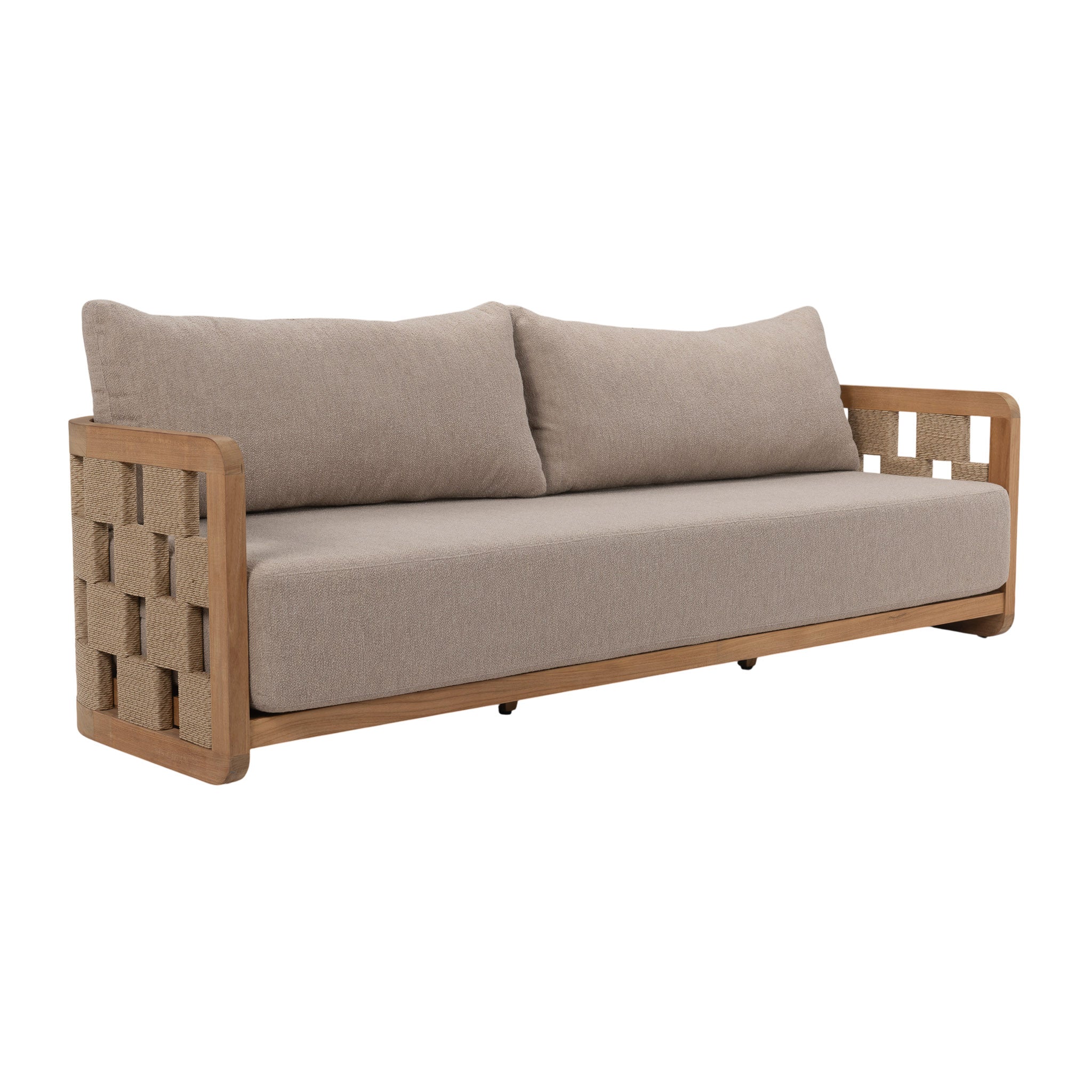 Adriana Outdoor Teak 3-Seater Sofa with sculptural rope-wrapped arm design, angled view