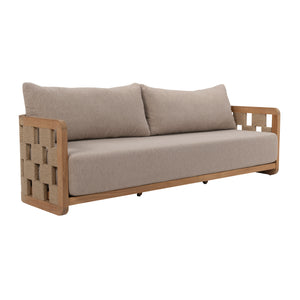 Adriana Outdoor Teak 3-Seater Sofa with sculptural rope-wrapped arm design, angled view
