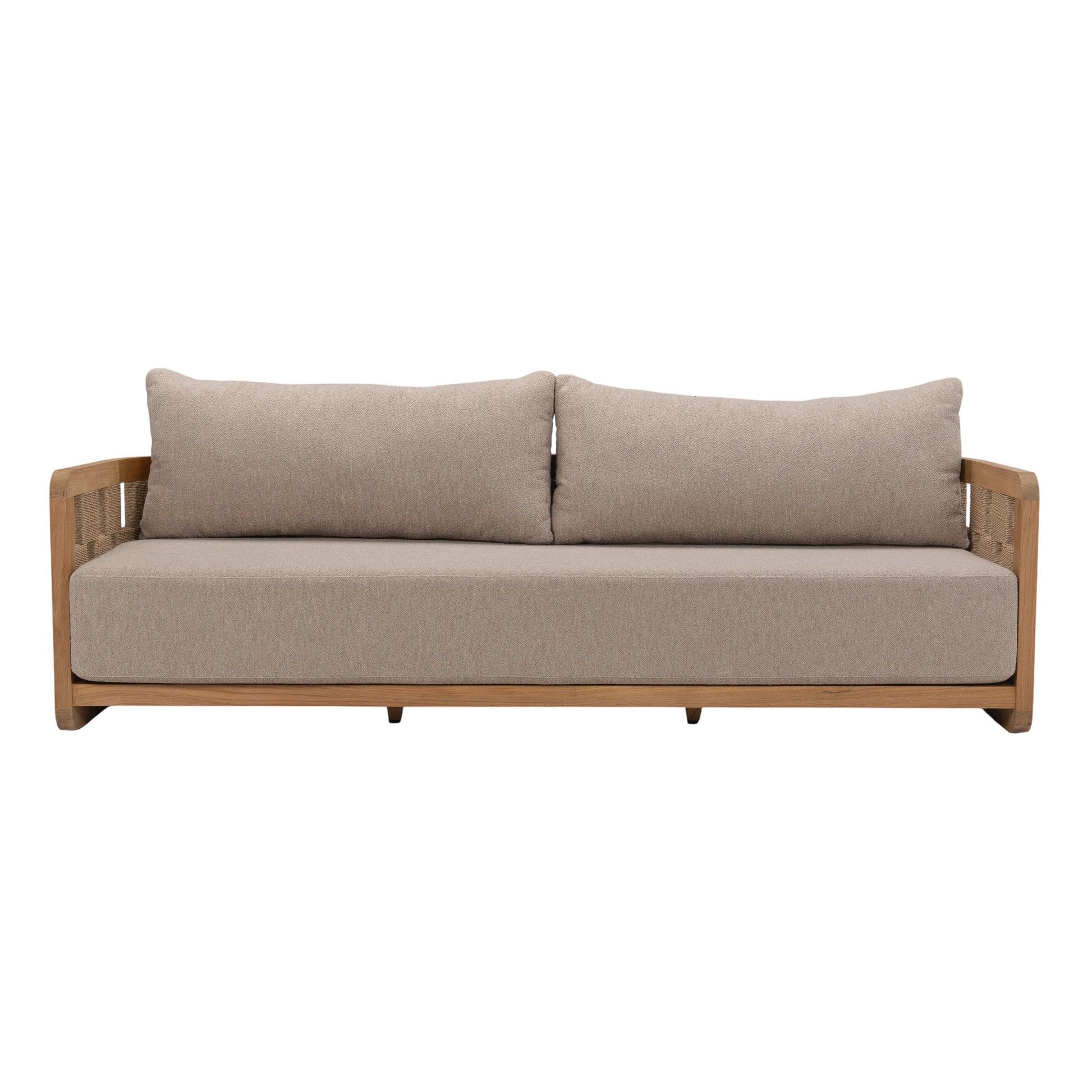 Front view of Adriana Sofa with deep cushions and solid teak frame