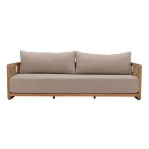 Front view of Adriana Sofa with deep cushions and solid teak frame