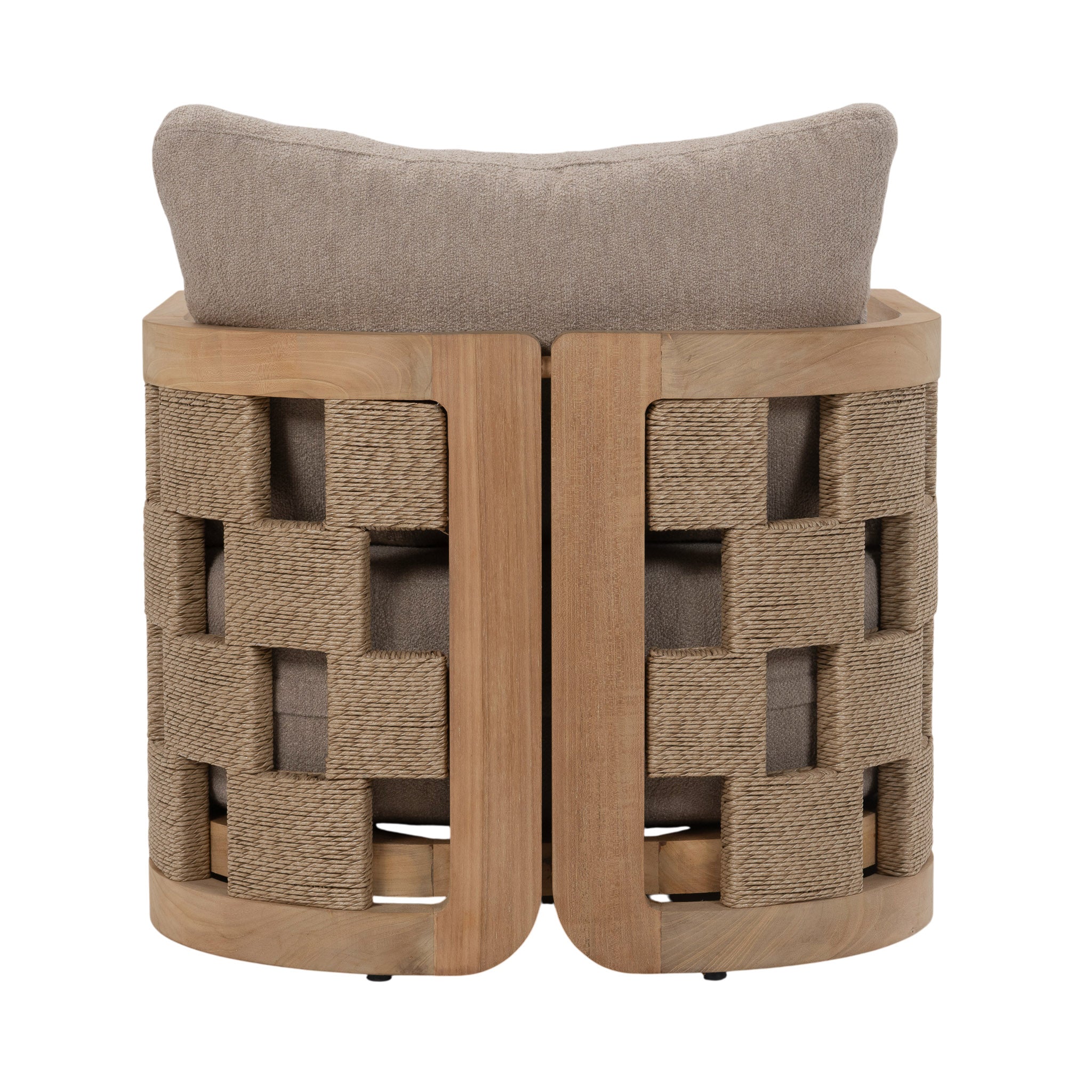 Rear view of Adriana Lounge Chair showing sculptural teak frame