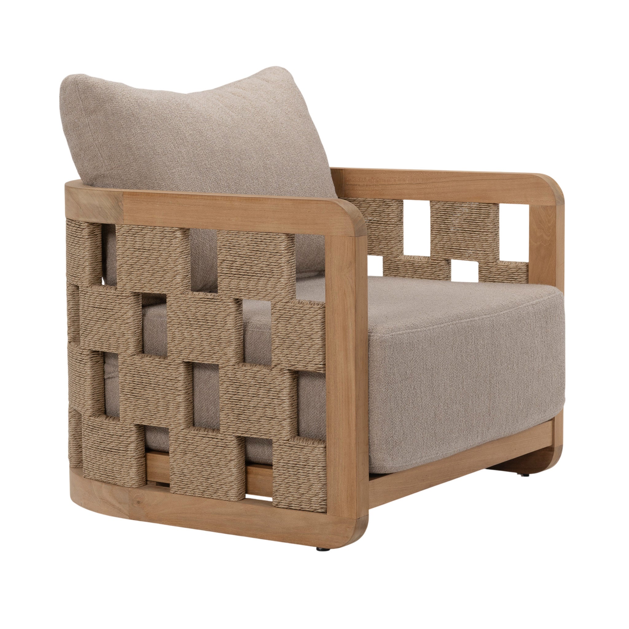 Adriana Outdoor Teak Lounge Chair with woven rope arms and deep taupe cushions, angled view