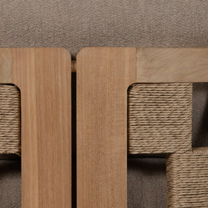 Teak wood, rope frame closeup for the Adriana outdoor lounge chair and sofa