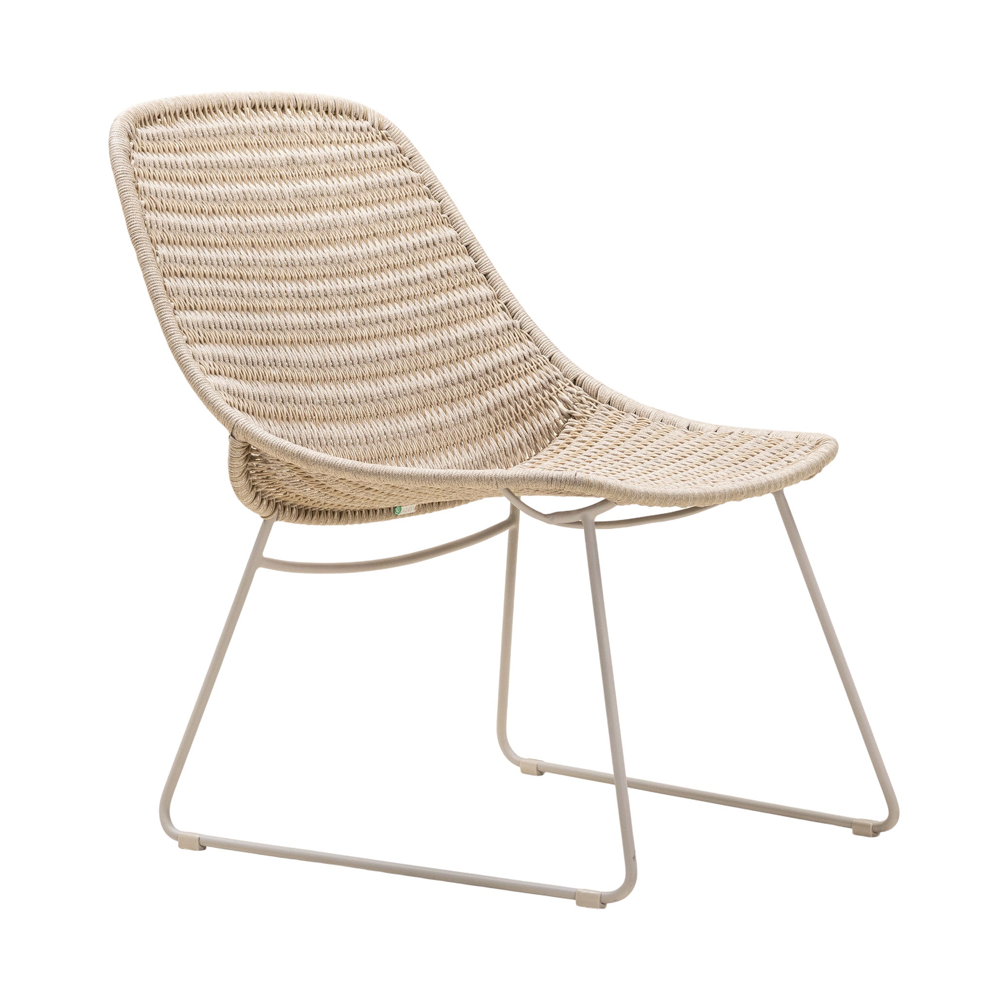 Amelia outdoor lounge chair with slim frame and resin woven weave in a linen colour. Front angle view.