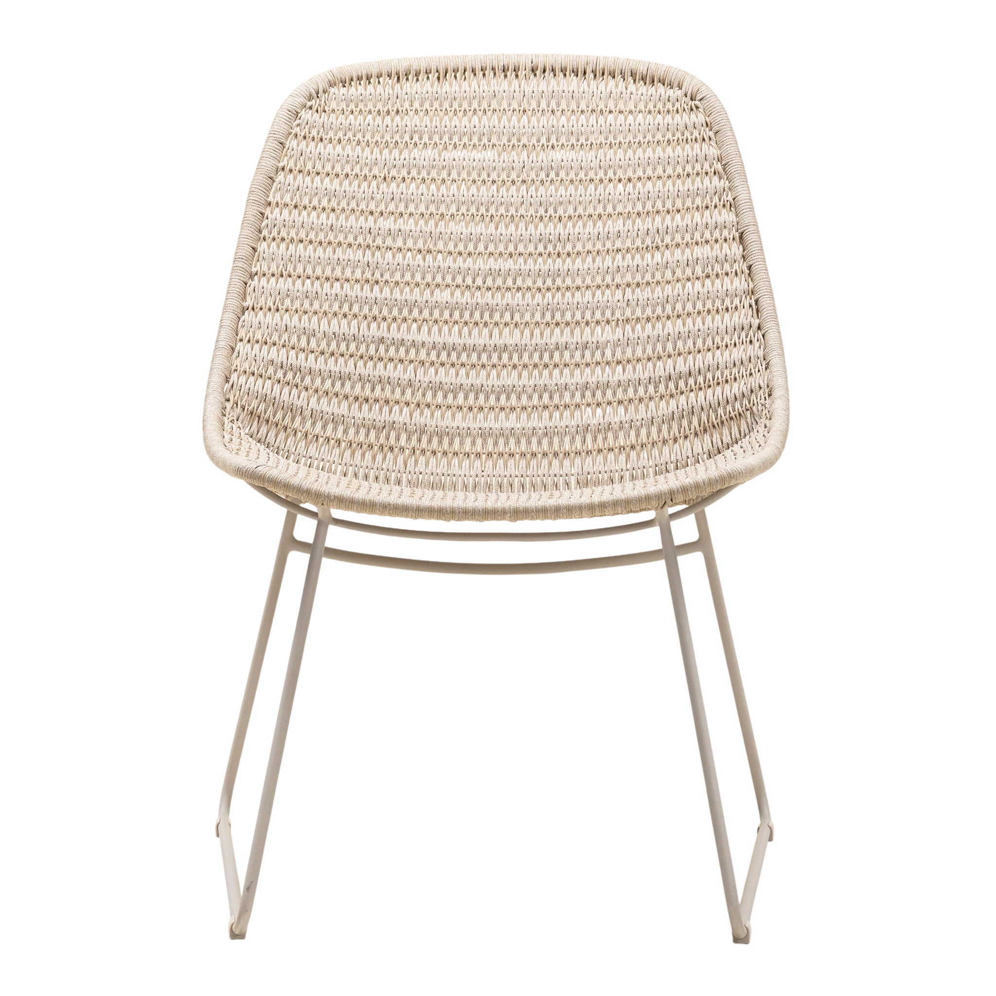 Amelia outdoor lounge chair with slim frame and resin woven weave in a linen colour. Front view.