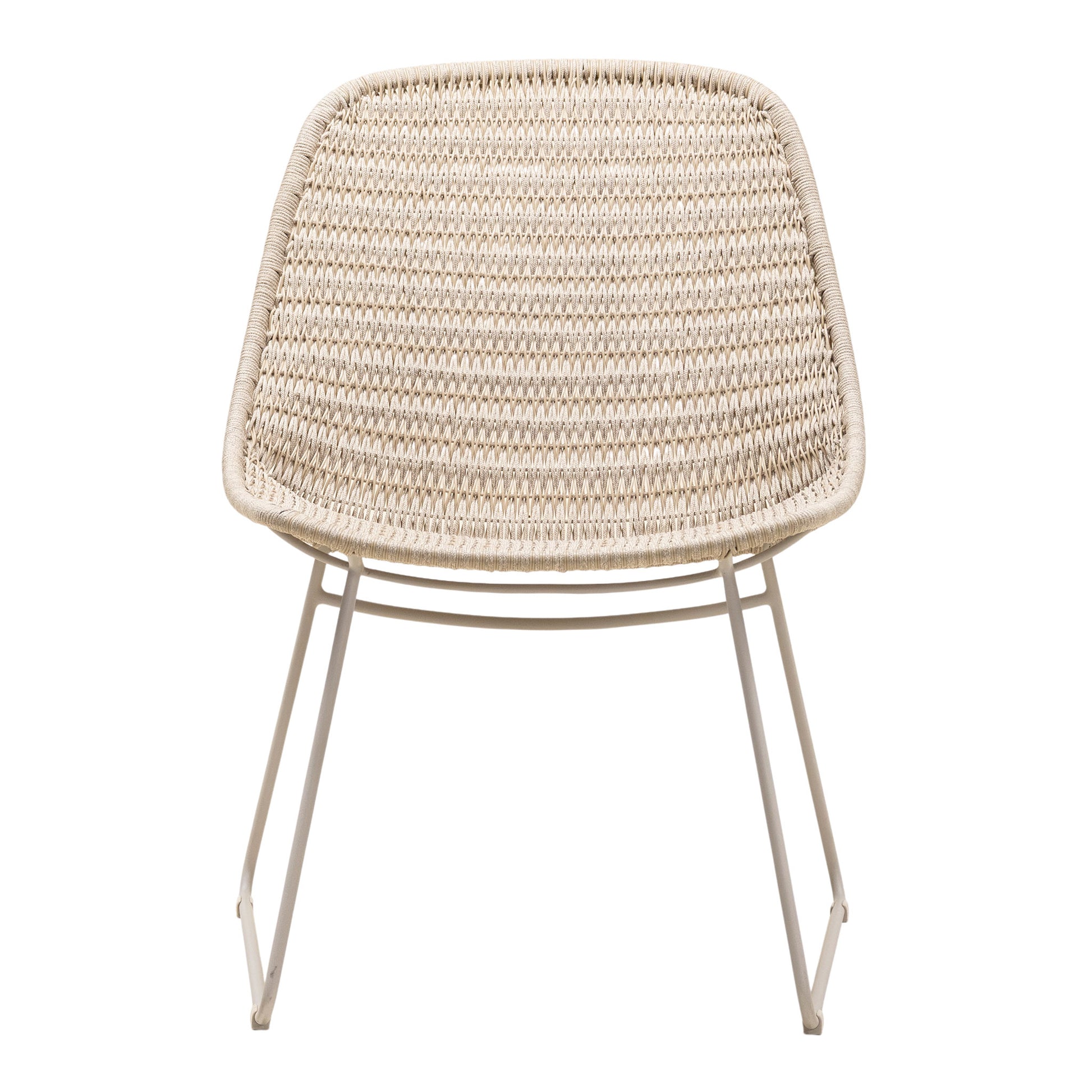 Amelia outdoor lounge chair with slim frame and resin woven weave in a linen colour. Front view.