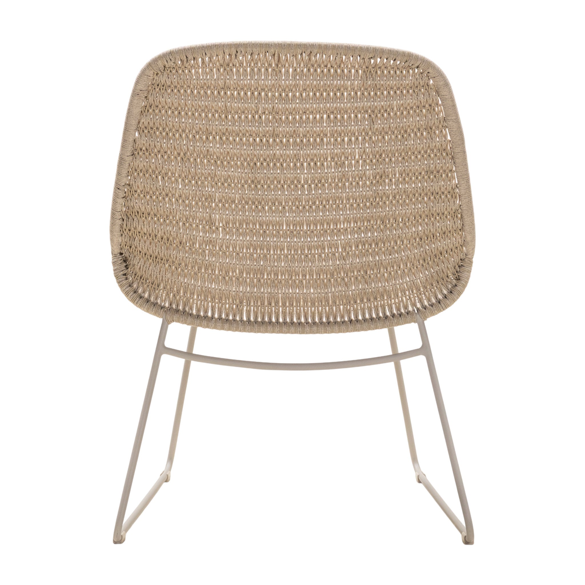 Amelia outdoor lounge chair with slim frame and resin woven weave in a linen colour. Rear view.
