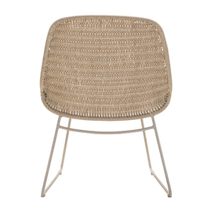 Amelia outdoor lounge chair with slim frame and resin woven weave in a linen colour. Rear view.