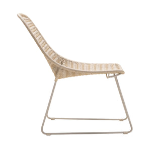 Amelia outdoor lounge chair with slim frame and resin woven weave in a linen colour. Side view.