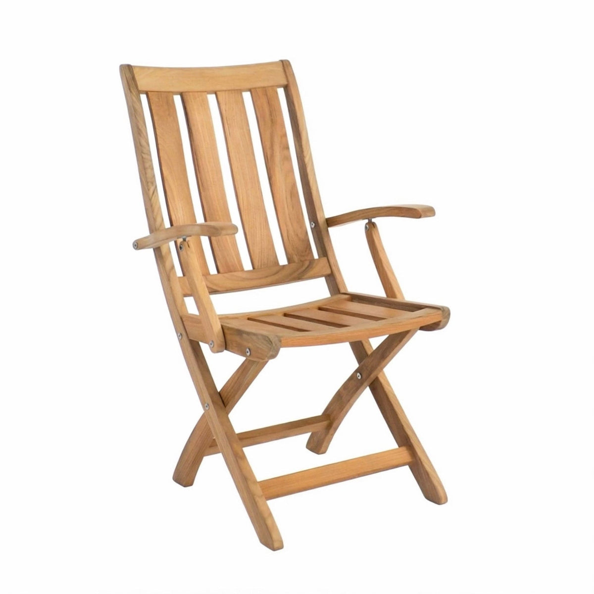 A light natural wood folding armchair with a slatted back and seat, shown on a plain white background.