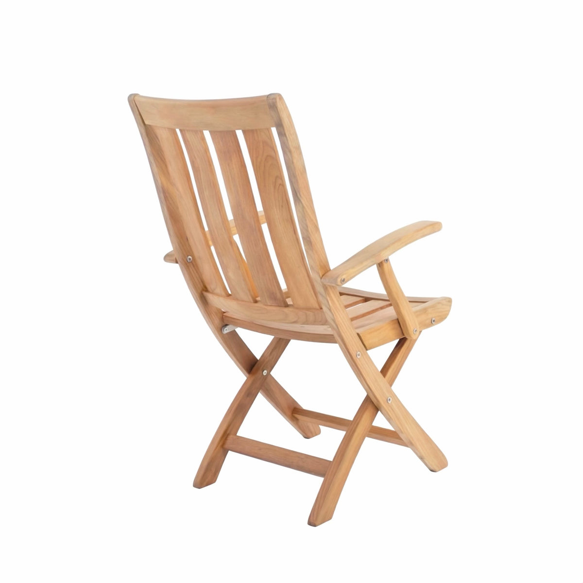 A light natural wood folding armchair with a slatted backrest and crossed legs, shown from a three-quarter angle on a plain white background.