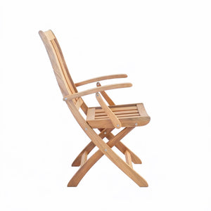 A light natural wood folding armchair with a slatted backrest and seat, shown from a side profile on a solid white background.