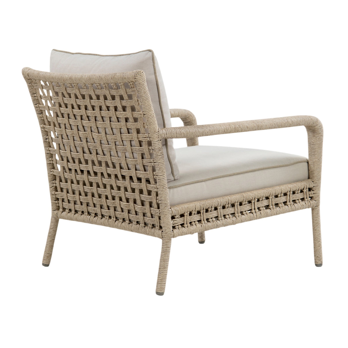Outdoor lounge chair with beige rope-wrapped frame, open woven backrest, curved armrests and light beige seat and back cushions. Back angle view.