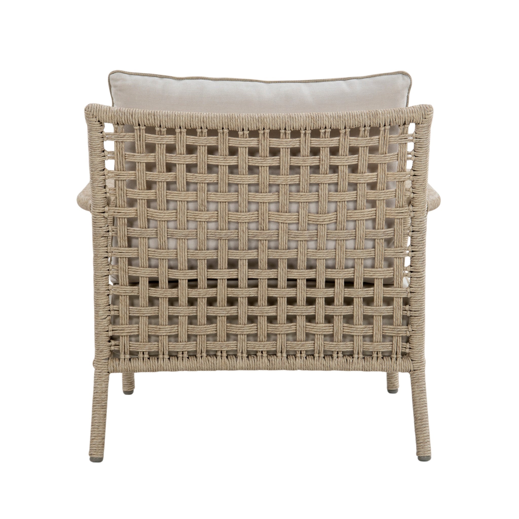 Outdoor lounge chair with beige rope-wrapped frame, open woven backrest, curved armrests and light beige seat and back cushions. Rear view.