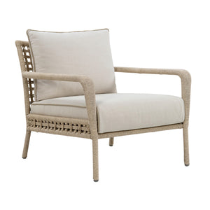 Outdoor lounge chair with beige rope-wrapped frame, open woven backrest, curved armrests and light beige seat and back cushions. Front angle view.