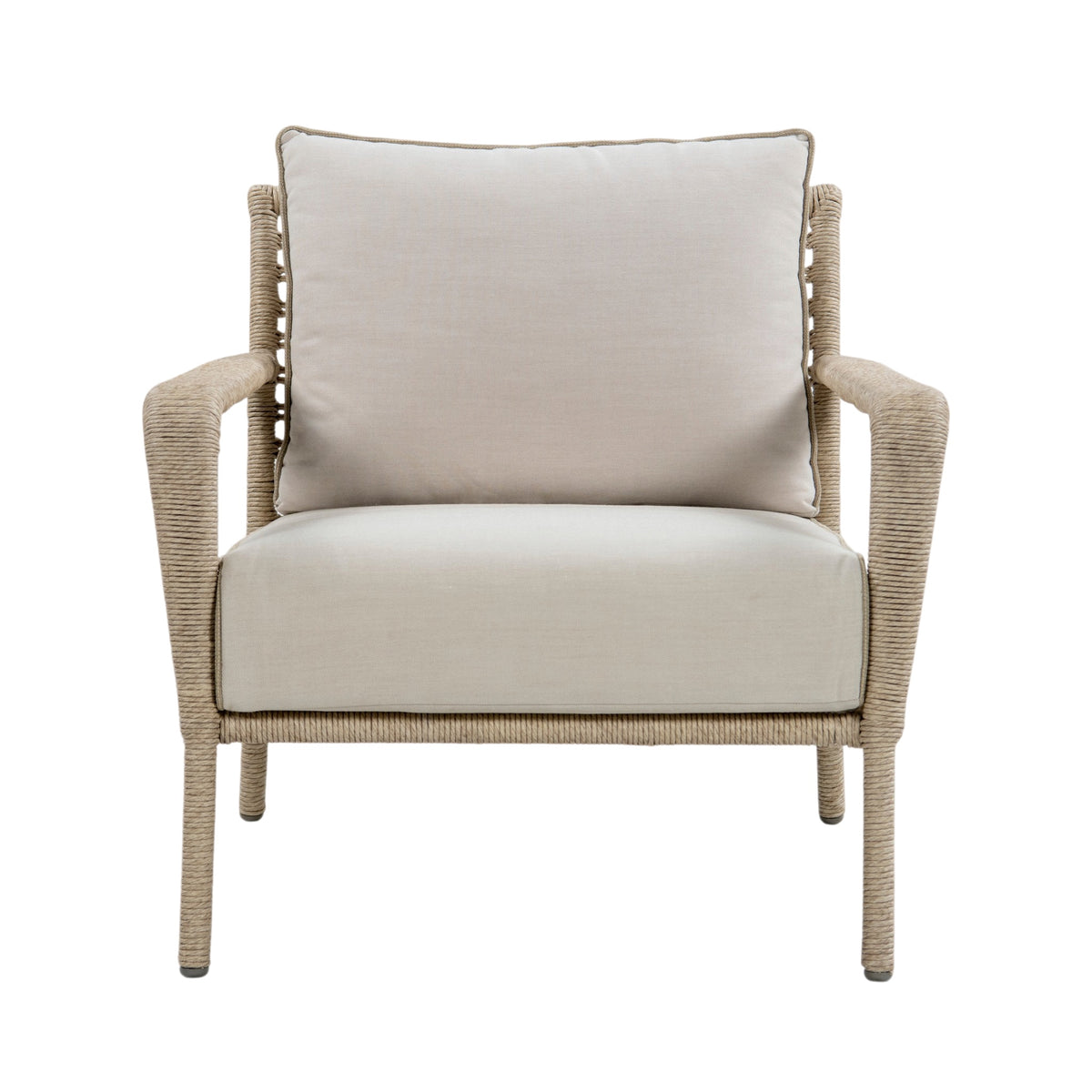 Outdoor lounge chair with beige rope-wrapped frame, open woven backrest, curved armrests and light beige seat and back cushions. Front view.