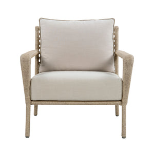 Outdoor lounge chair with beige rope-wrapped frame, open woven backrest, curved armrests and light beige seat and back cushions. Front view.
