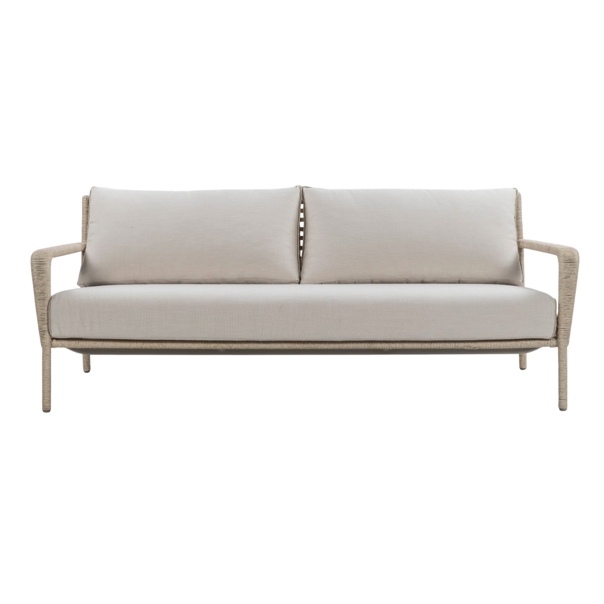 Three-seater outdoor sofa with rope-wrapped aluminium frame, open woven backrest and linen-coloured seat and back cushions. Front view.