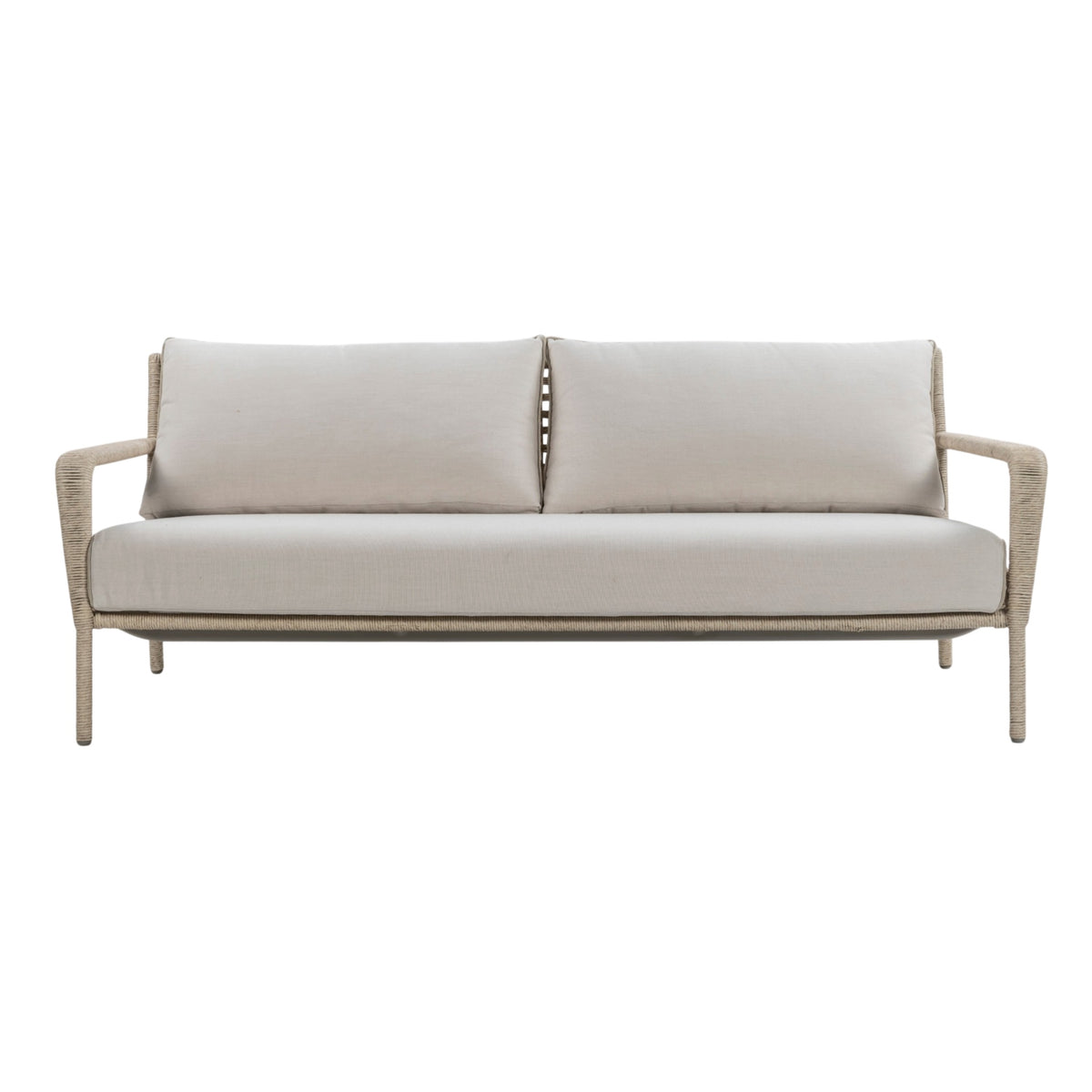 Three-seater outdoor sofa with rope-wrapped aluminium frame, open woven backrest and linen-coloured seat and back cushions. Front view.