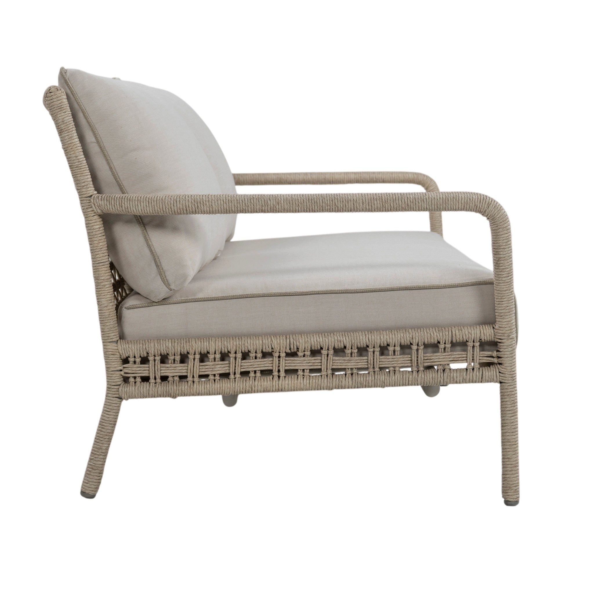 Three-seater outdoor sofa with rope-wrapped aluminium frame, open woven backrest and linen-coloured seat and back cushions. Side view.