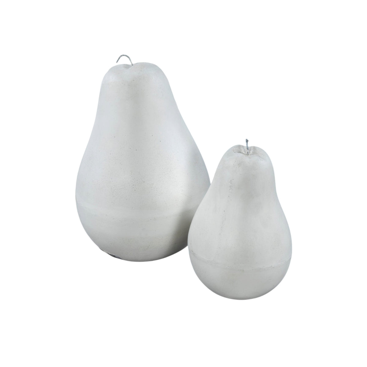 Two Blok decorative concrete pears in white, featuring a smooth matte finish, natural surface texture and curved metal stems, in large and small sizes.
