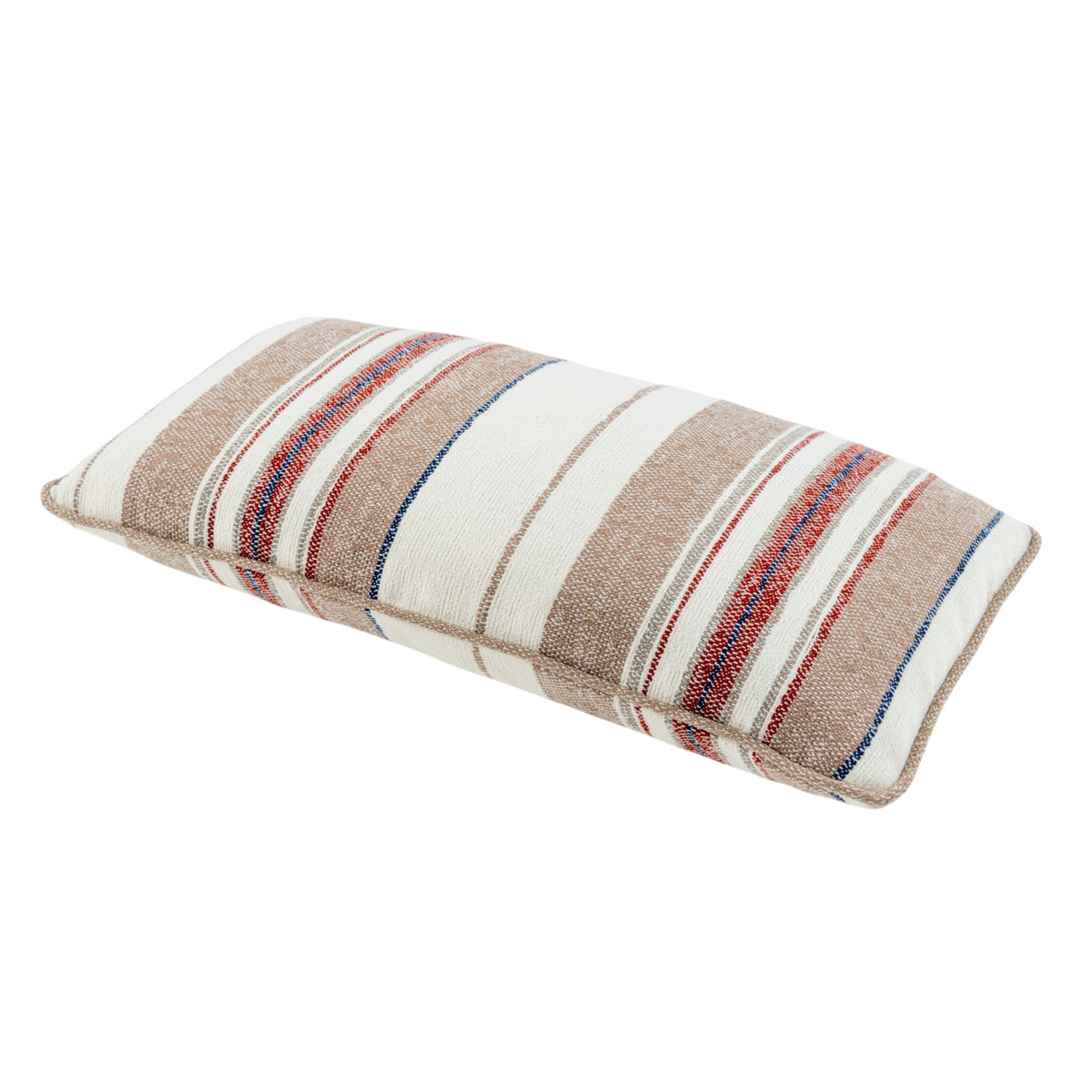 A rectangular throw pillow with a rustic striped pattern in beige, off-white, brown, red, and blue, shown on a plain white background.