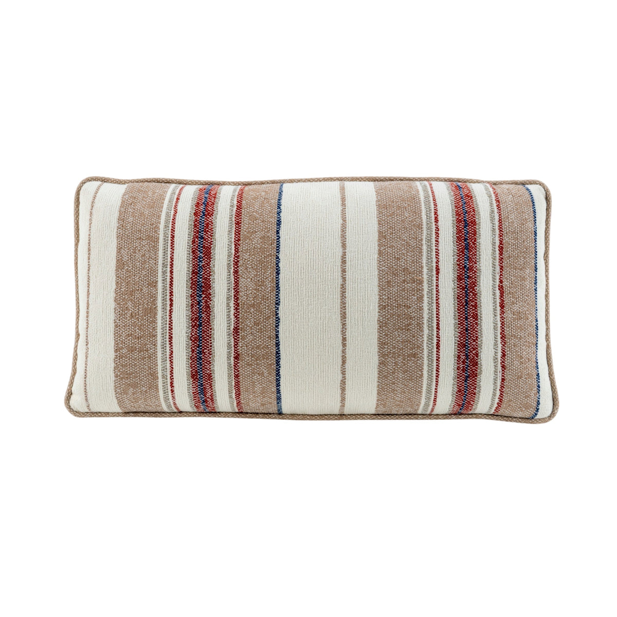A rectangular throw pillow with a rustic striped pattern in beige, cream, brown, red, and blue, set against a plain white background.