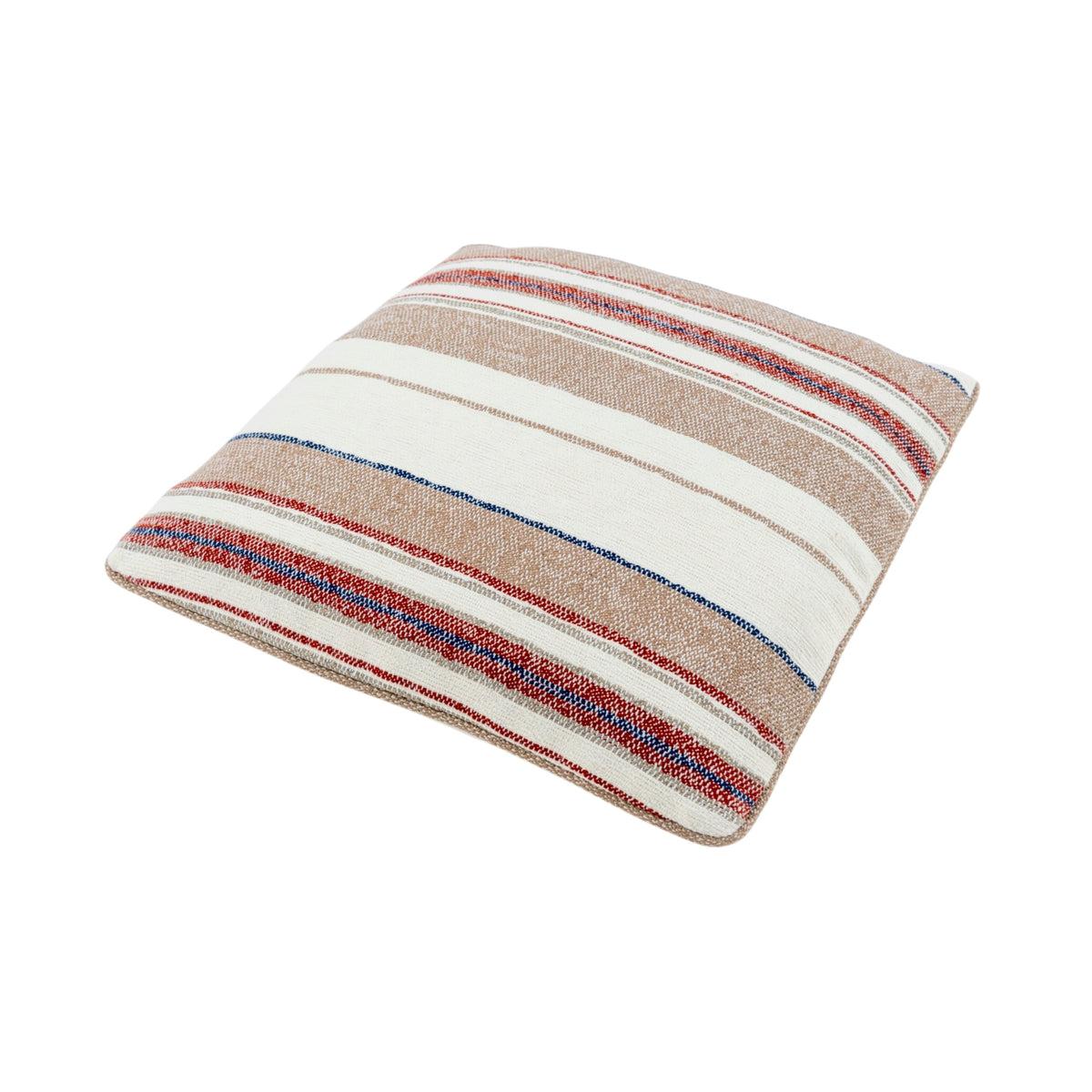 Angled view of the square Blush Earth scatter cushion showing its textured woven fabric and striped design in beige, ivory, red and blue.