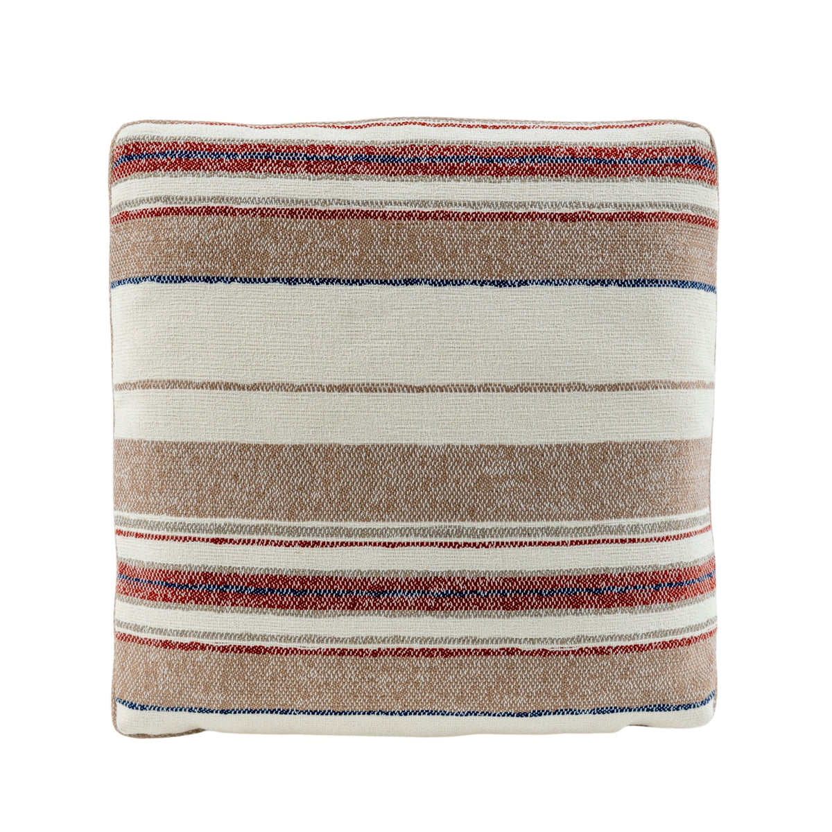 Blush Earth square scatter cushion featuring textured beige and ivory woven fabric with decorative red and blue stripes.