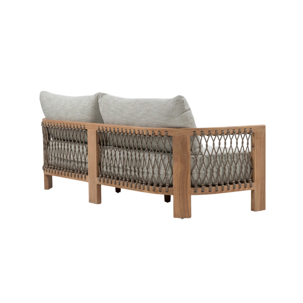 Bologna Teak and Rope Outdoor 3-Seater Sofa with natural teak frame and rope-woven sides and light grey seat and back cushions. Back angle view.