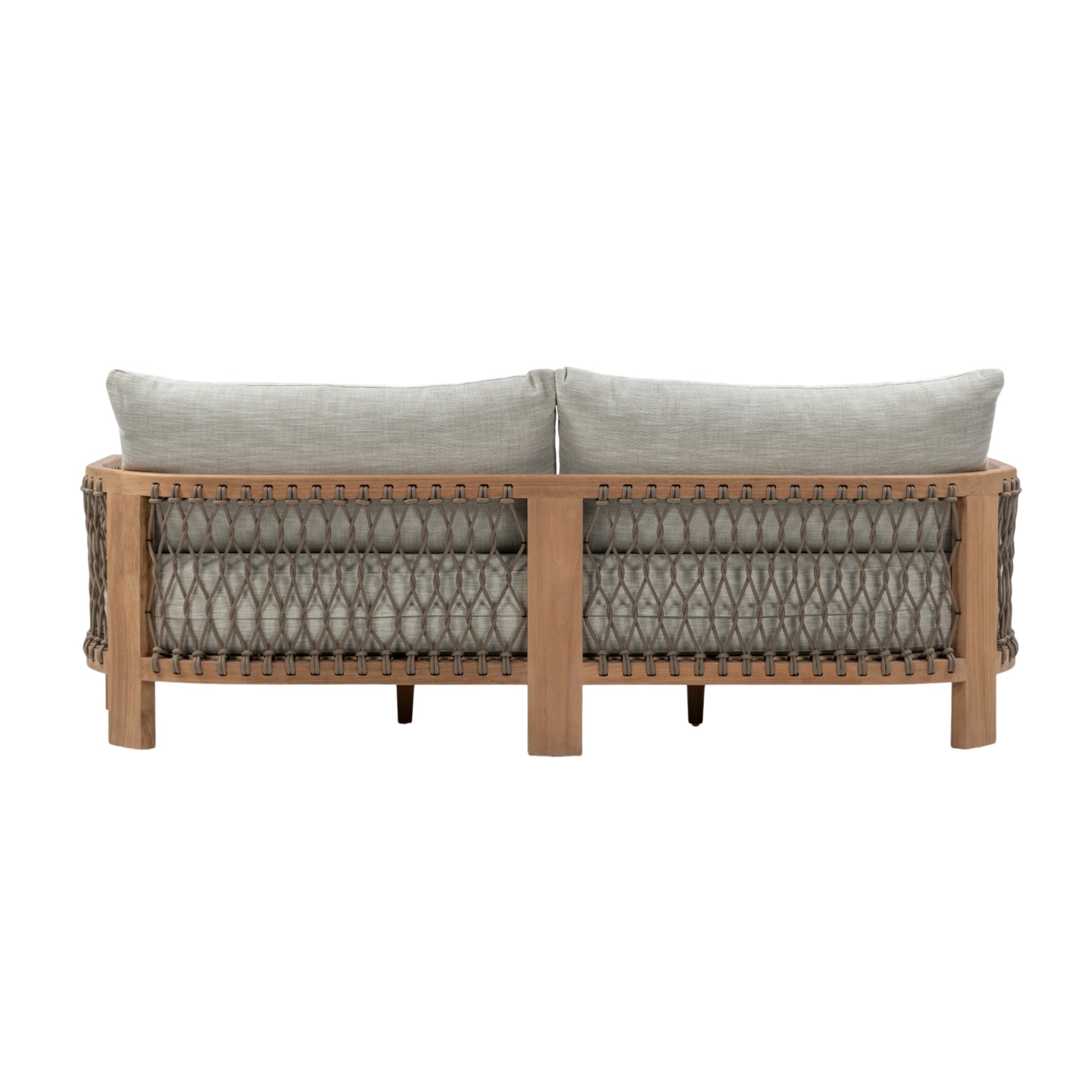 Bologna Teak and Rope Outdoor 3-Seater Sofa with natural teak frame and rope-woven sides and light grey seat and back cushions.Back view.