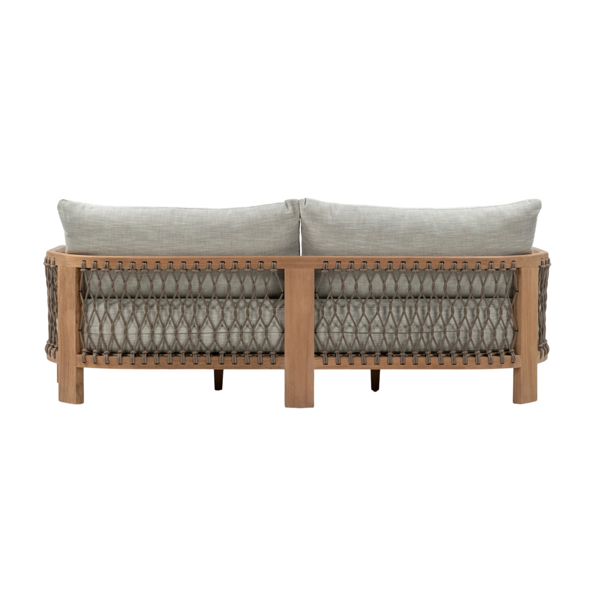Bologna Teak and Rope Outdoor 3-Seater Sofa with natural teak frame and rope-woven sides and light grey seat and back cushions.Back view.