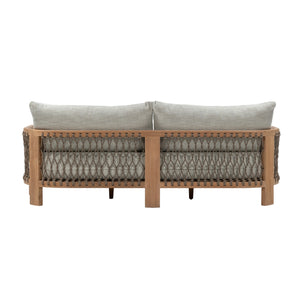 Bologna Teak and Rope Outdoor 3-Seater Sofa with natural teak frame and rope-woven sides and light grey seat and back cushions.Back view.
