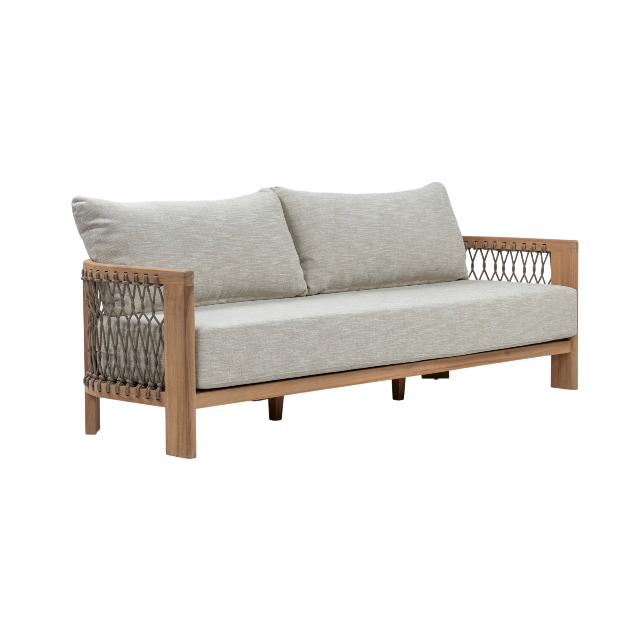 Bologna Teak and Rope Outdoor 3-Seater Sofa with natural teak frame and rope-woven sides and light grey seat and back cushions. Front angle view.