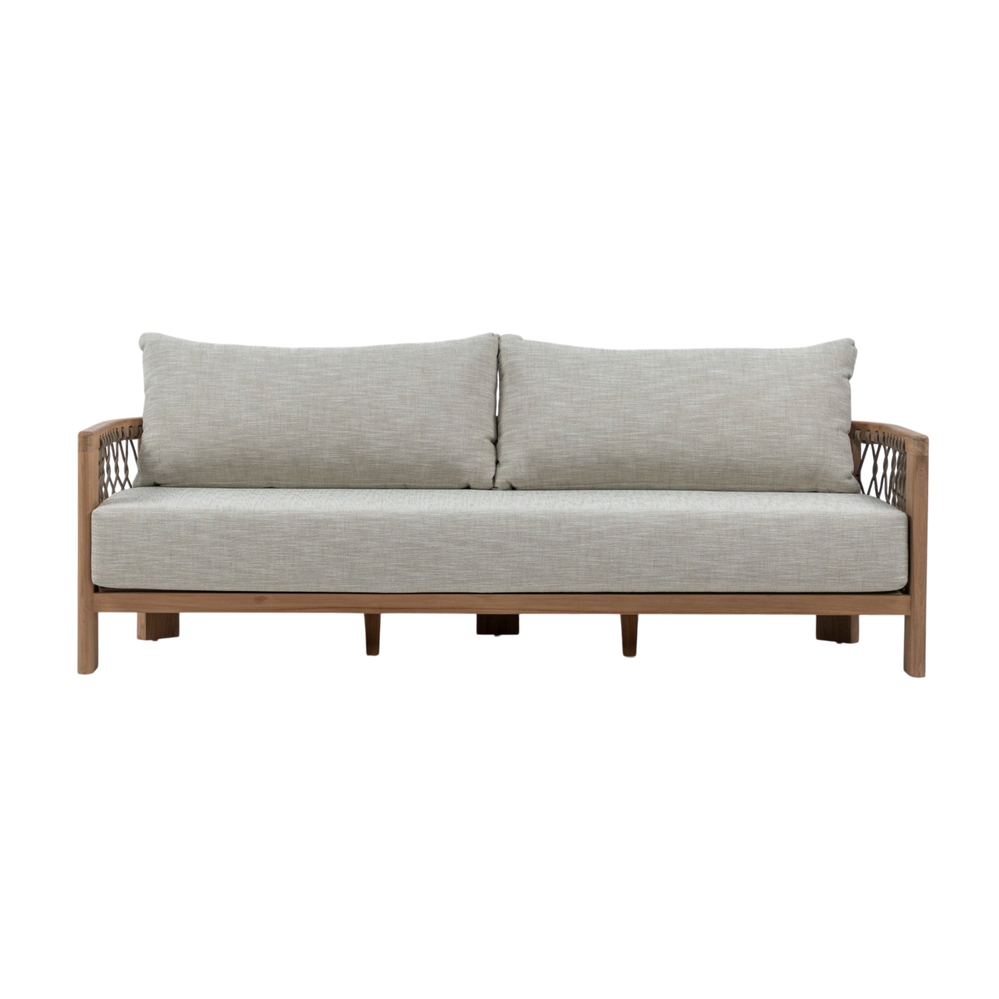 Bologna Teak and Rope Outdoor 3-Seater Sofa with natural teak frame and rope-woven sides and light grey seat and back cushions. Front view.