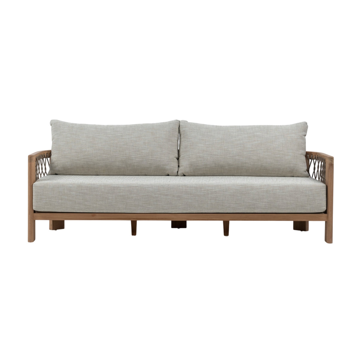 Bologna Teak and Rope Outdoor 3-Seater Sofa with natural teak frame and rope-woven sides and light grey seat and back cushions. Front view.