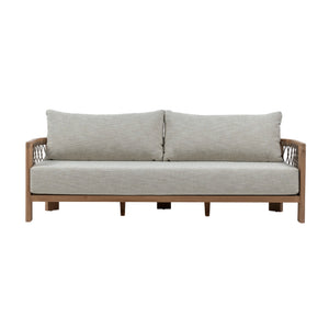 Bologna Teak and Rope Outdoor 3-Seater Sofa with natural teak frame and rope-woven sides and light grey seat and back cushions. Front view.