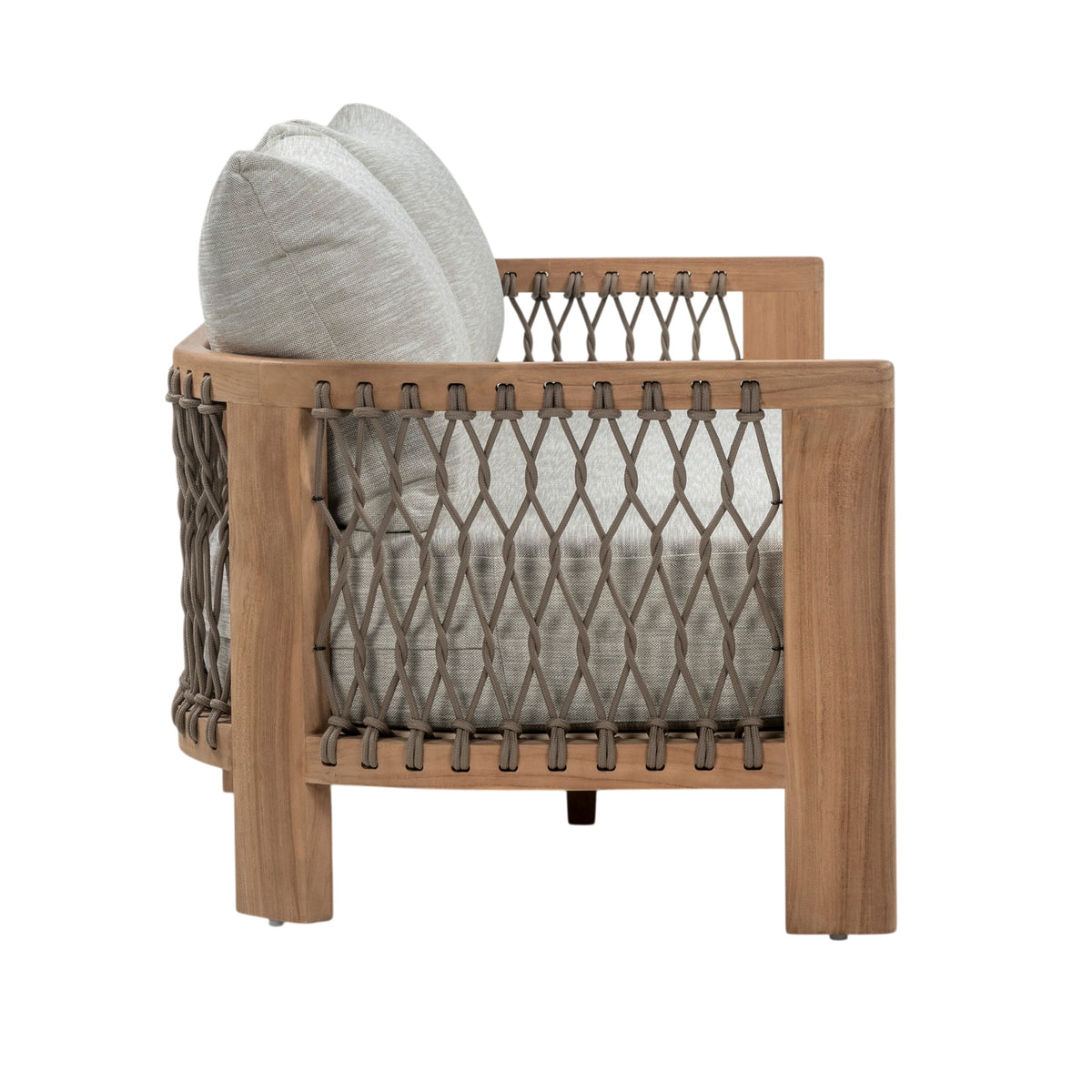 Bologna Teak and Rope Outdoor 3-Seater Sofa with natural teak frame and rope-woven sides and light grey seat and back cushions. Side view.