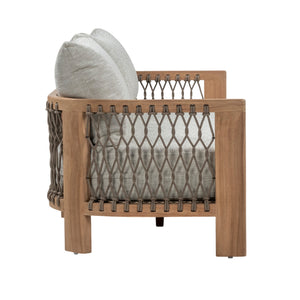 Bologna Teak and Rope Outdoor 3-Seater Sofa with natural teak frame and rope-woven sides and light grey seat and back cushions. Side view.