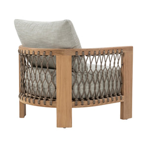 Bologna teak outdoor lounge chair with grey rope woven sides and light grey seat and back cushions. Back angle view.