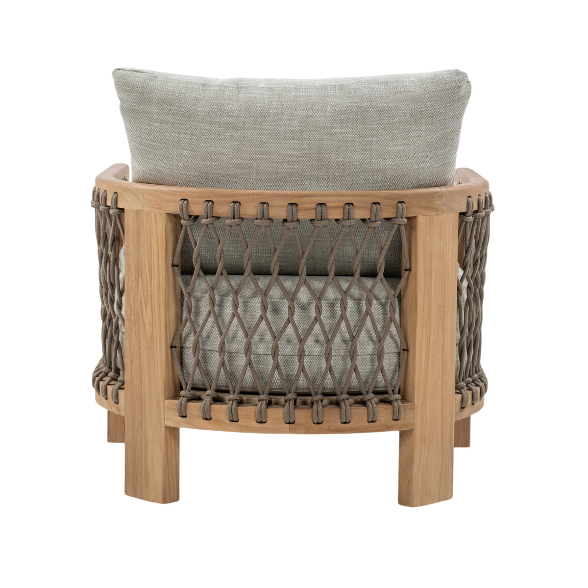 Bologna teak outdoor lounge chair with grey rope woven sides and light grey seat and back cushions. Back view.